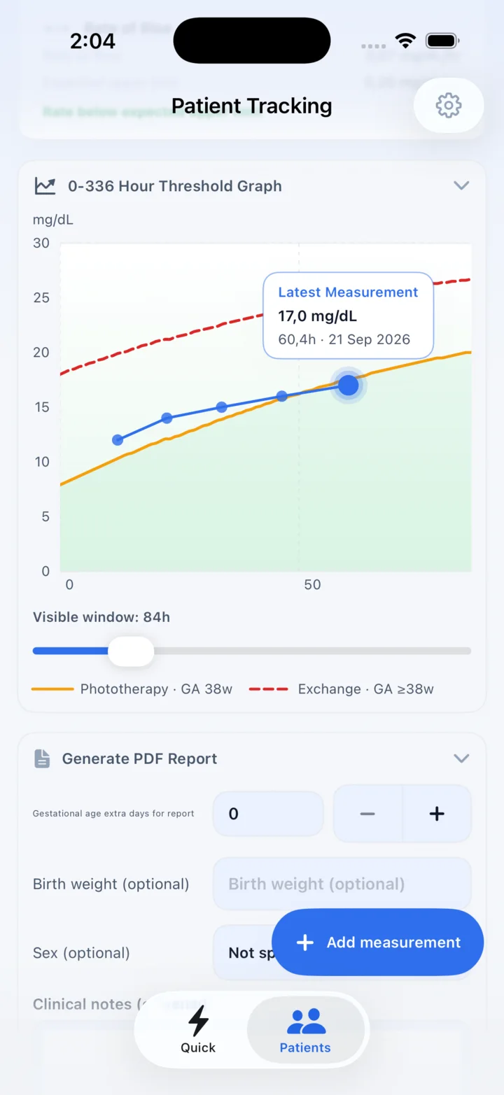 NeoBili Pro patient tracking screen with threshold graph and report generation controls