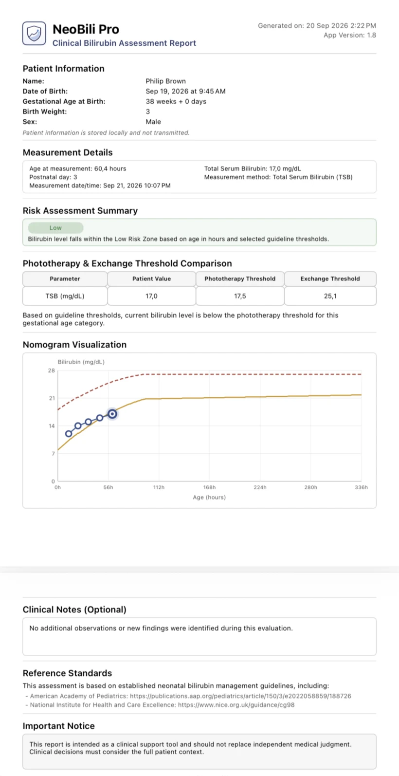 Example NeoBili Pro clinical bilirubin assessment PDF report