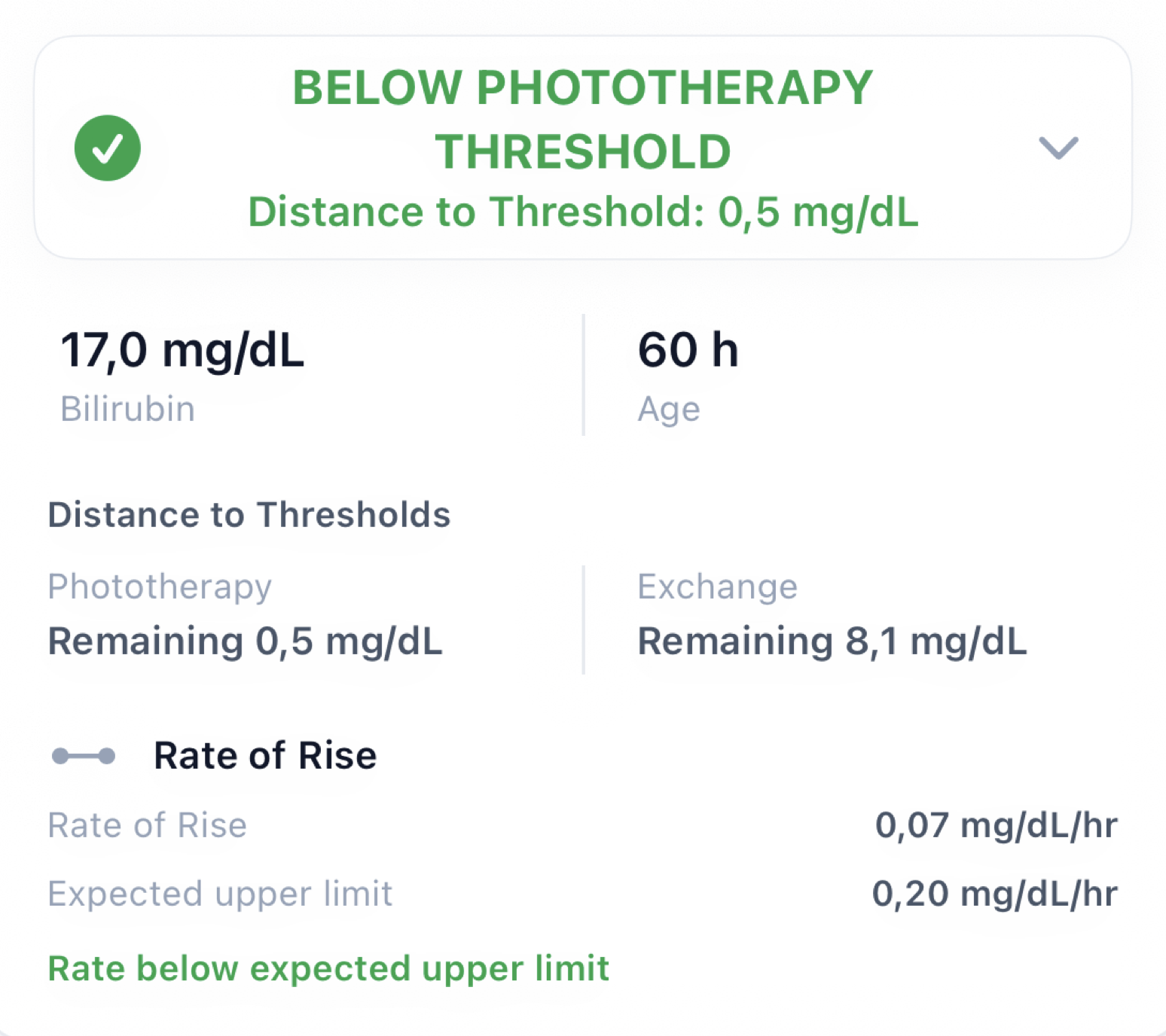 NeoBili Pro assessment showing a rate of rise of 0.07 milligrams per deciliter per hour and treatment threshold distances